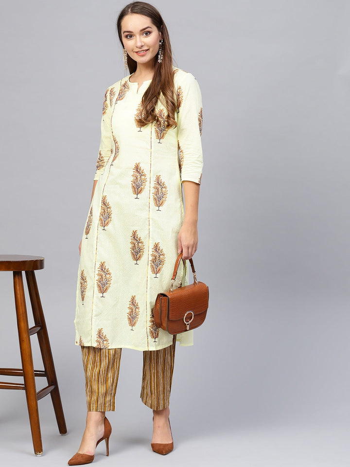 Yellow & Brown Printed Kurta Set-Yufta Store-708SETYLS