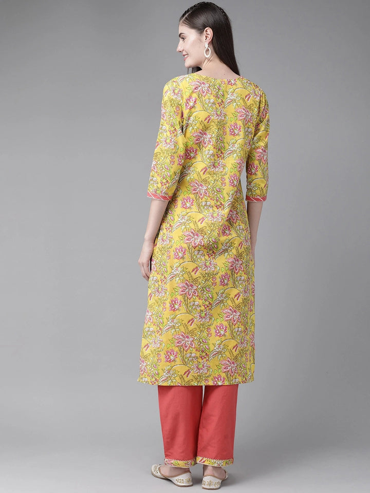 Yellow & Coral Printed Kurta Set-Yufta Store-7585SETYLS