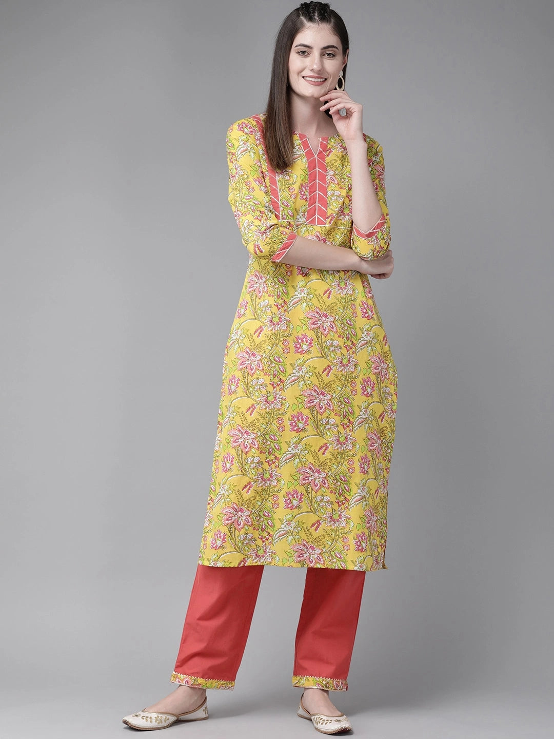 Yellow & Coral Printed Kurta Set-Yufta Store-7585SETYLS