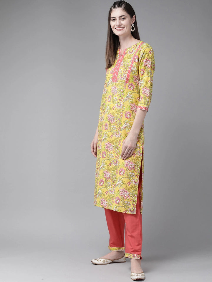 Yellow & Coral Printed Kurta Set-Yufta Store-7585SETYLS