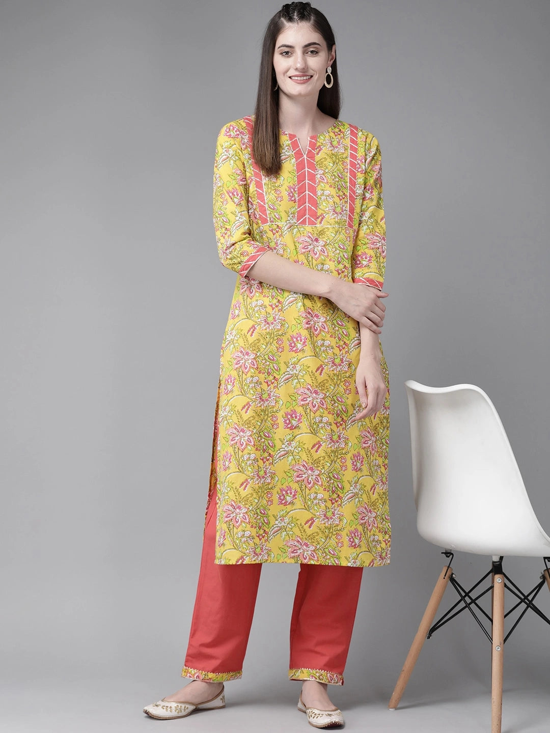 Yellow & Coral Printed Kurta Set-Yufta Store-7585SETYLS