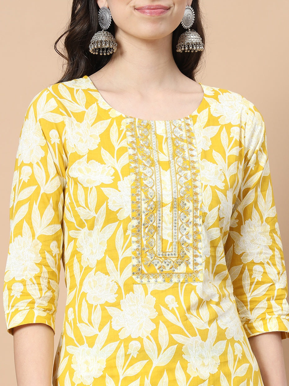 Yellow Cotton Floral Print Kurta Set Dupatta With Embroidery-Yufta Store-1602SKDYLS