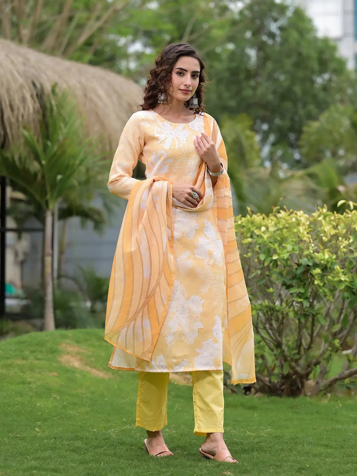 Yellow Digital Print Linen Cotton Have A Lining Kurta Trouser And Dupatta Set-Yufta Store-6866SKDYLS