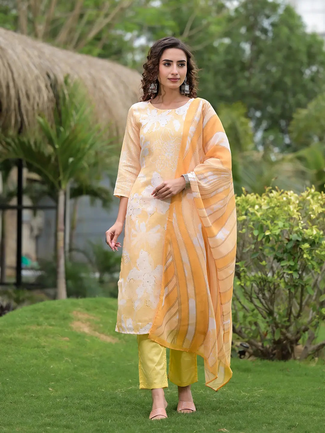 Yellow Digital Print Linen Cotton Have A Lining Kurta Trouser And Dupatta Set-Yufta Store-6866SKDYLS