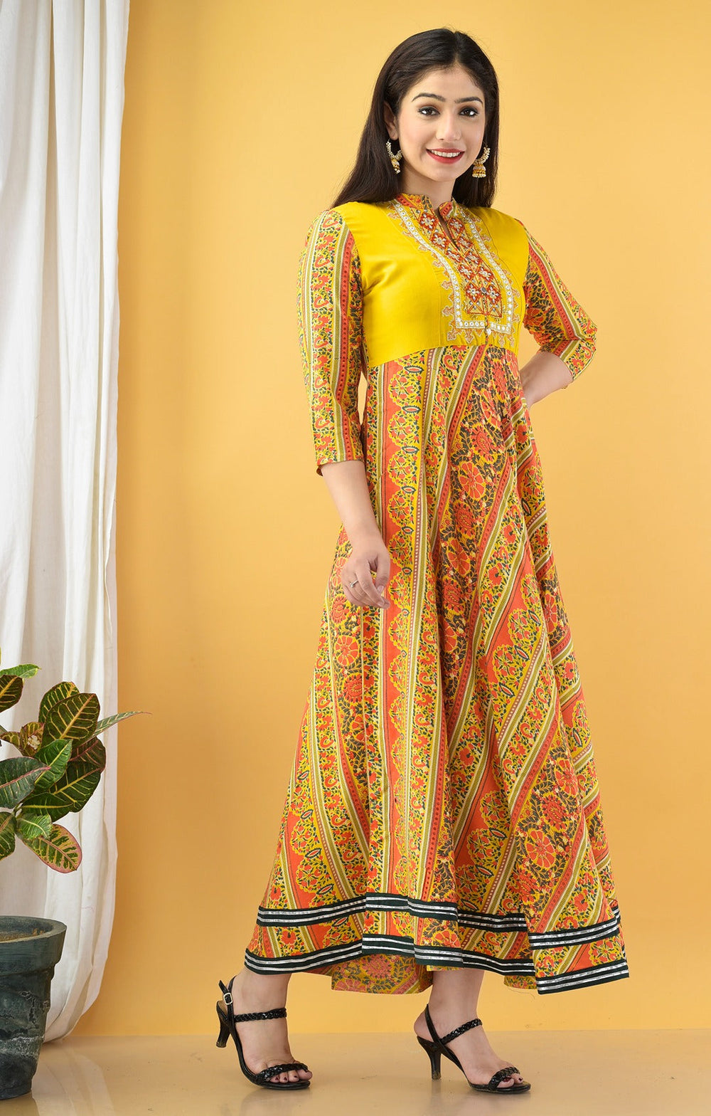 Yellow Embroidered Dress-Yufta Store-2122DRSMSM