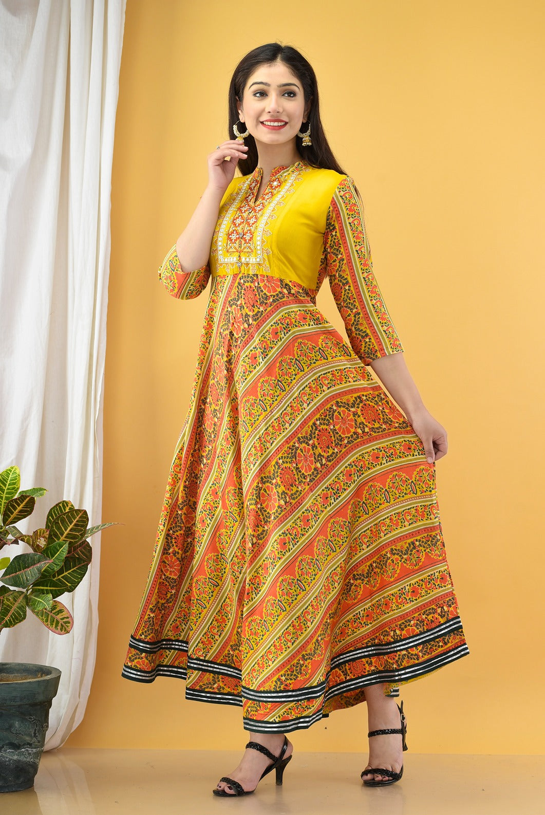 Yellow Embroidered Dress-Yufta Store-2122DRSMSM