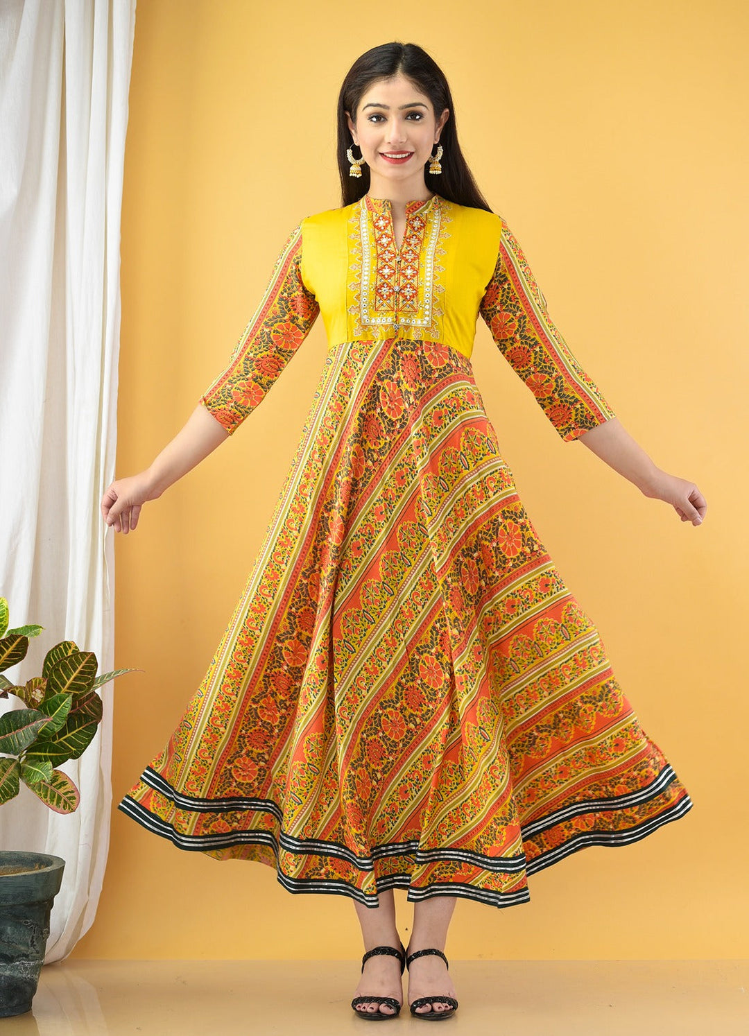 Yellow Embroidered Dress-Yufta Store-2122DRSMSM