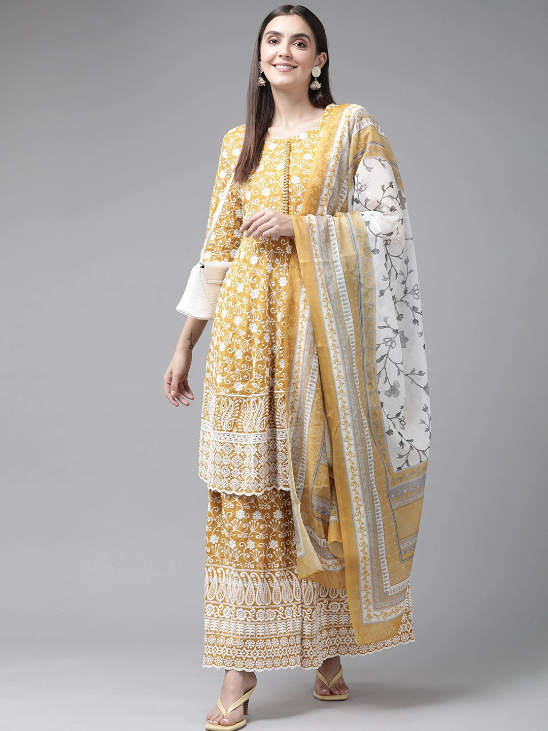 Yellow Embroidered Dupatta Set-Yufta Store-2357SKDYLM