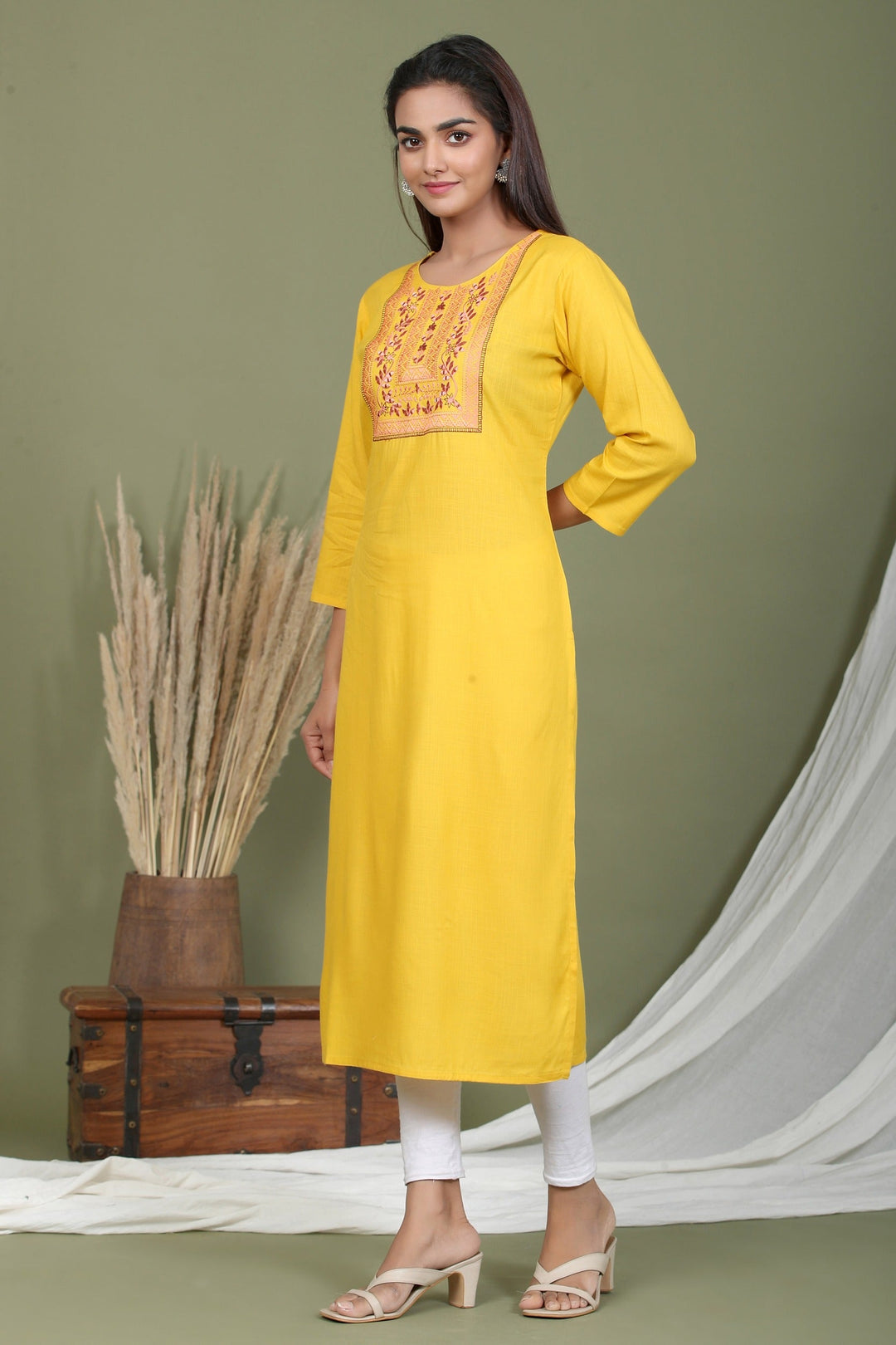 Yellow Embroidered Kurta-Yufta Store-2411KURYLM