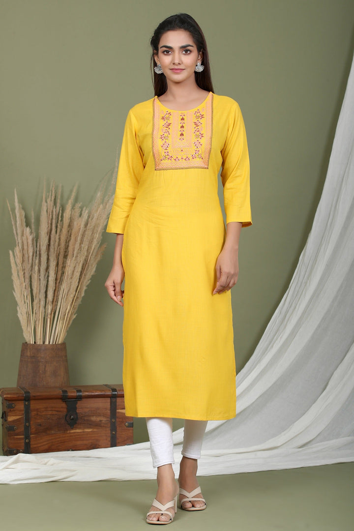 Yellow Embroidered Kurta-Yufta Store-2411KURYLM