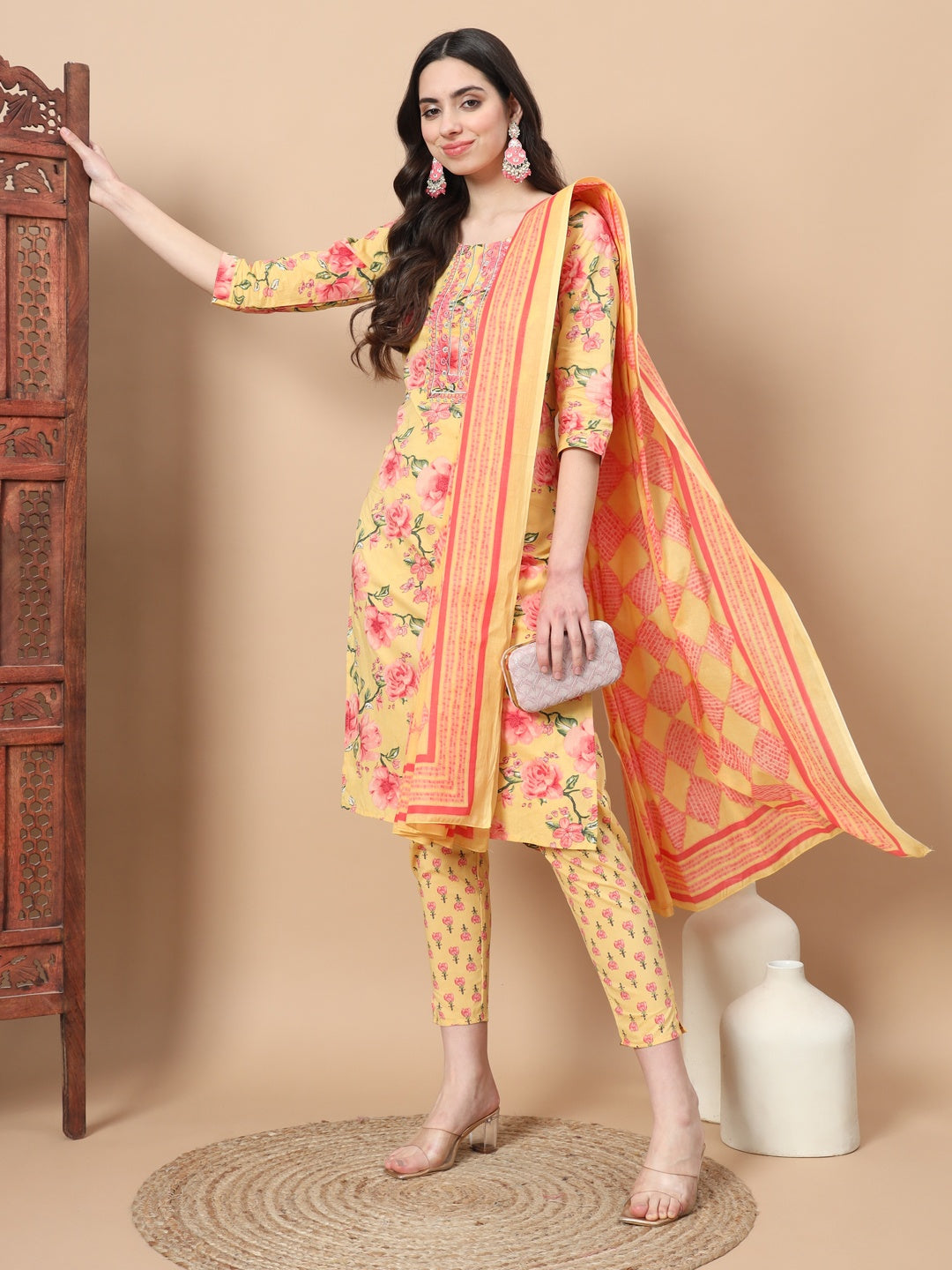 Yellow Ethnic Motifs Cotton Kurta Dupatta Set-Yufta Store-6815SKDYLS