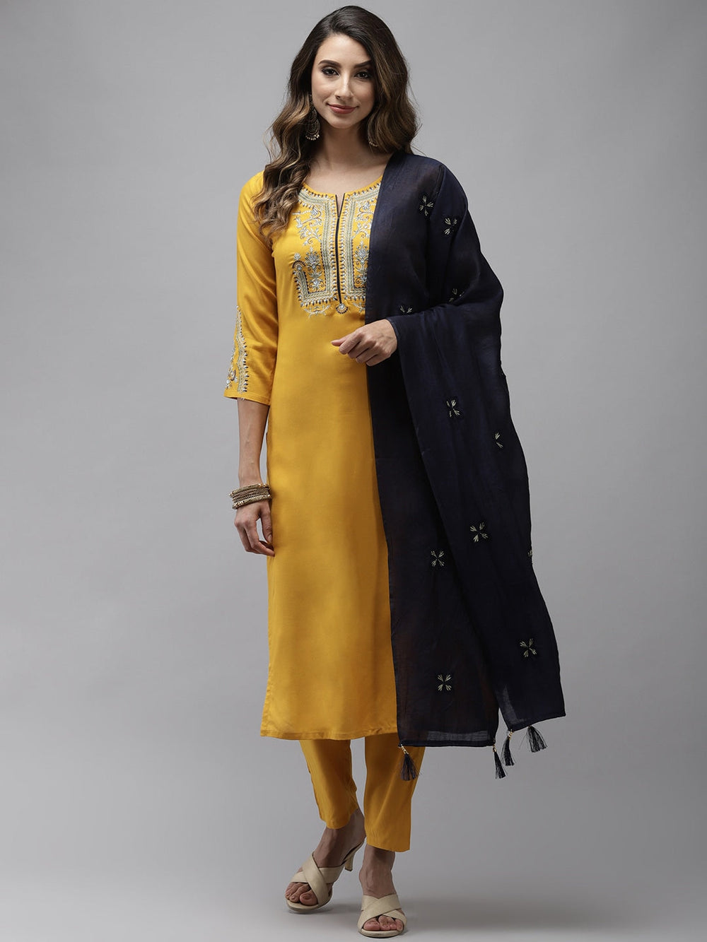 Yellow Floral Embroidered Dupatta Set-Yufta Store-9272SKDYLS