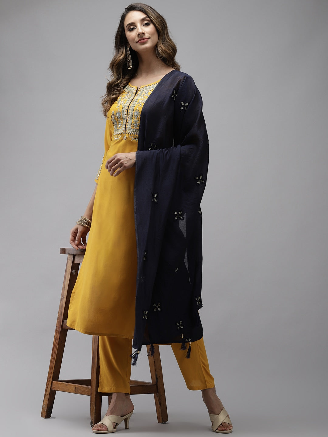 Yellow Floral Embroidered Dupatta Set-Yufta Store-9272SKDYLS
