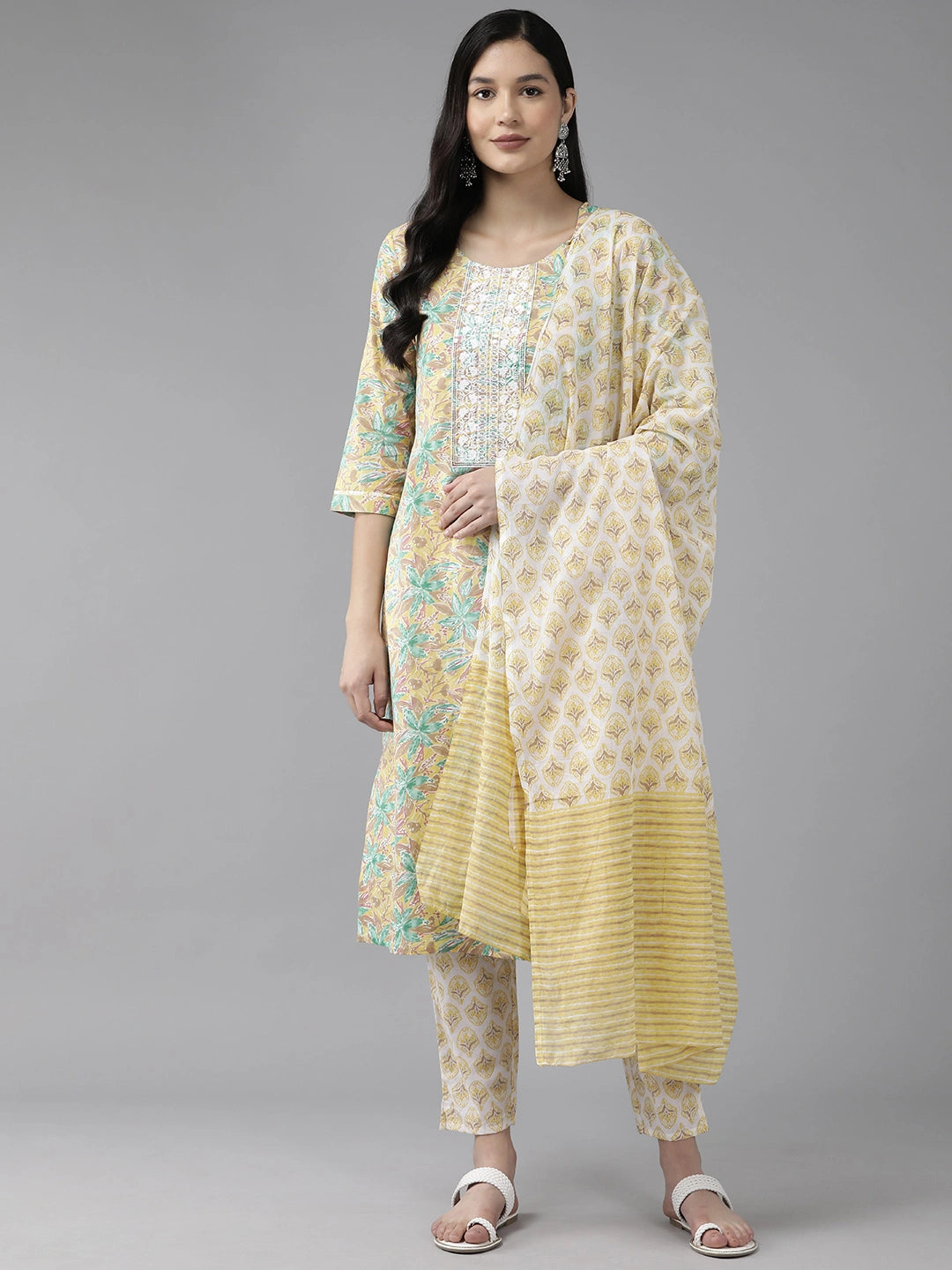Yellow Floral Embroidered Sequinned Pure Cotton Kurta with Trousers & With Dupatta Set-Yufta Store-1443SKDYLS