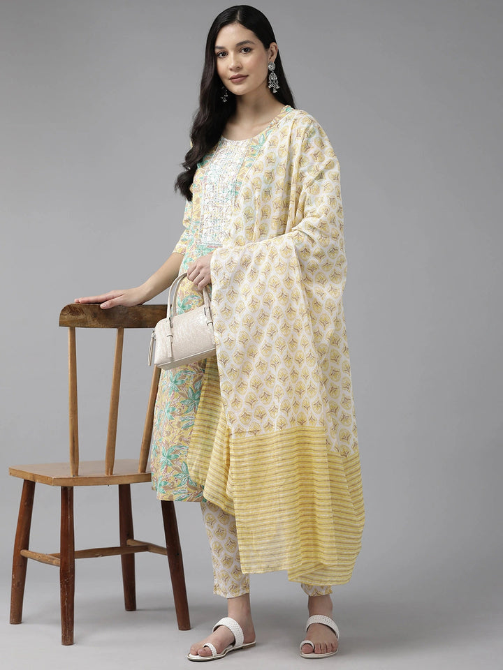 Yellow Floral Embroidered Sequinned Pure Cotton Kurta with Trousers & With Dupatta Set-Yufta Store-1443SKDYLS