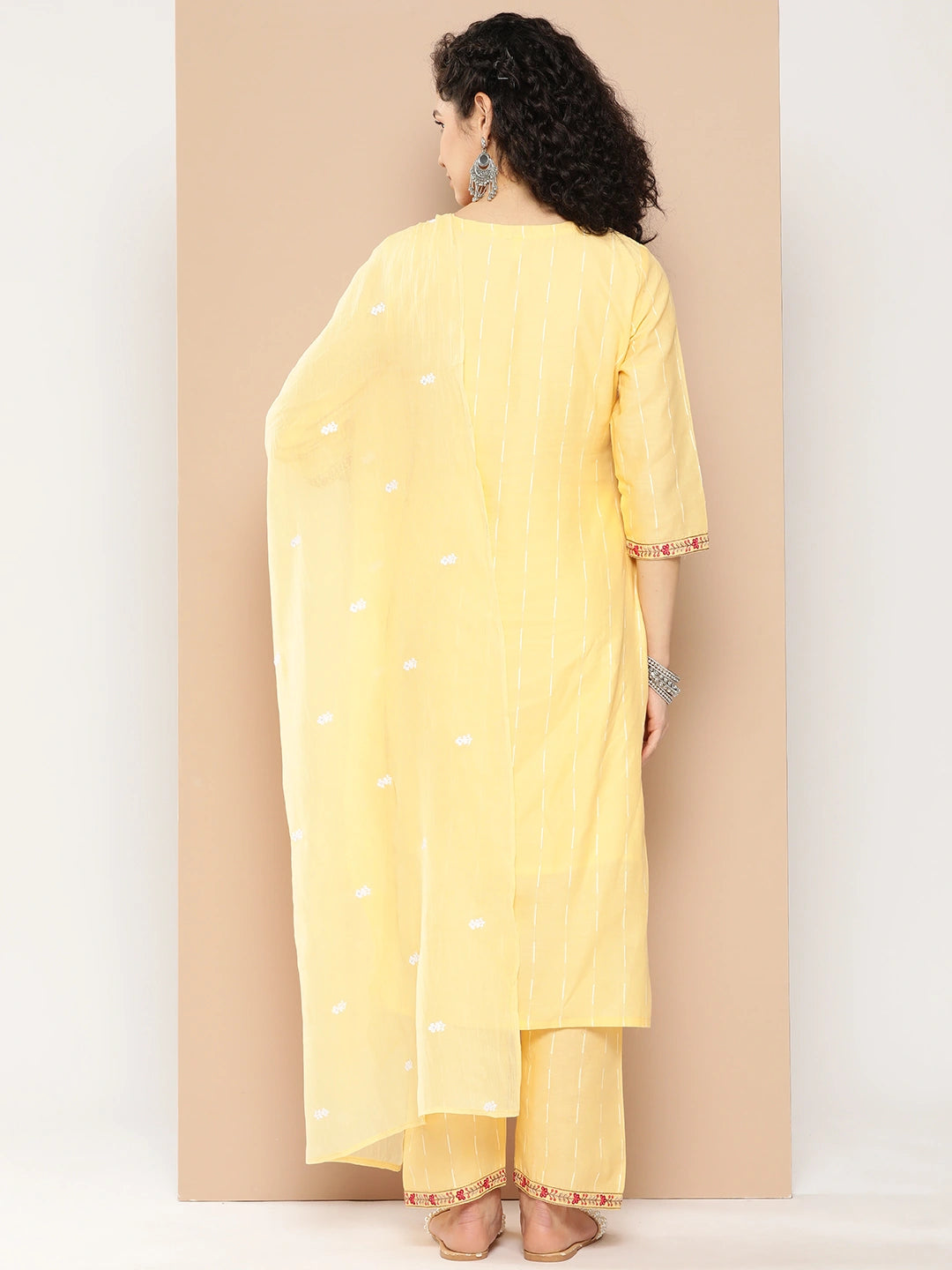 Yellow Floral Embroidered Work Cotton Kurta Dupatta Set-Yufta Store-1295SKDYLS