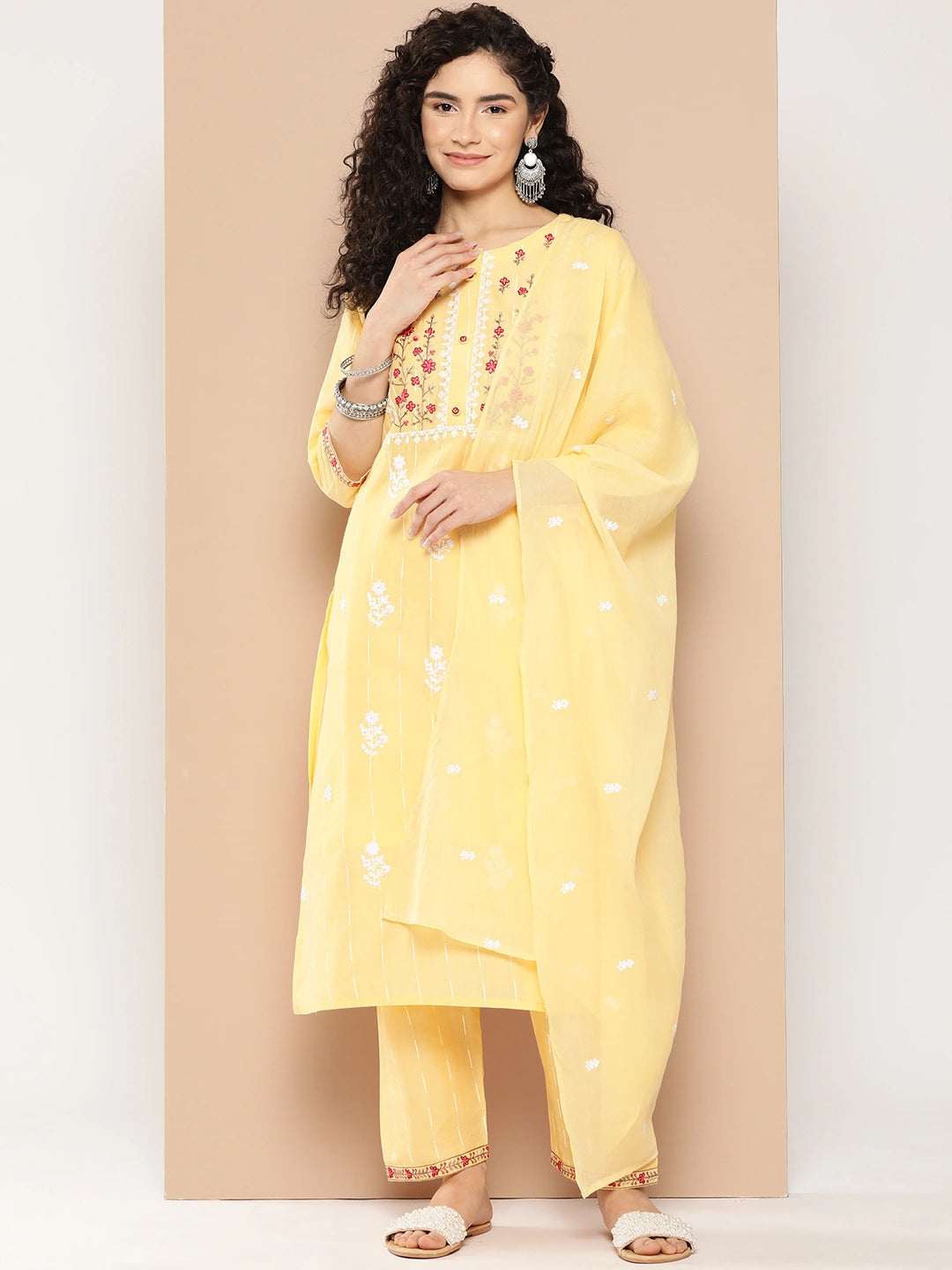 Yellow Floral Embroidered Work Cotton Kurta Dupatta Set-Yufta Store-1295SKDYLS