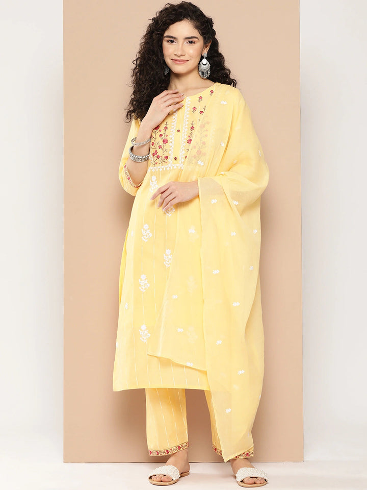 Yellow Floral Embroidered Work Cotton Kurta Dupatta Set-Yufta Store-1295SKDYLS