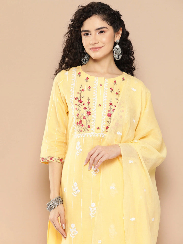 Yellow Floral Embroidered Work Cotton Kurta Dupatta Set-Yufta Store-1295SKDYLS