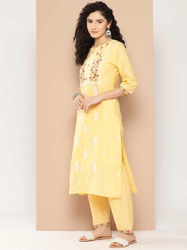 Yellow Floral Embroidered Work Cotton Kurta Dupatta Set-Yufta Store-1295SKDYLS