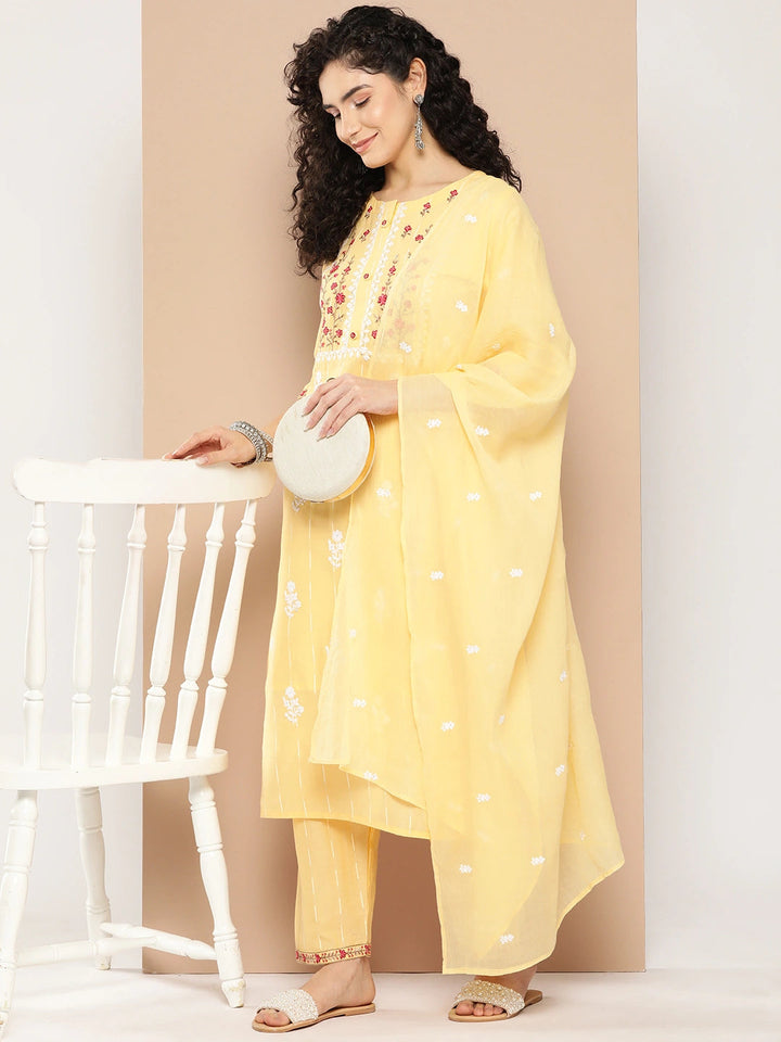 Yellow Floral Embroidered Work Cotton Kurta Dupatta Set-Yufta Store-1295SKDYLS