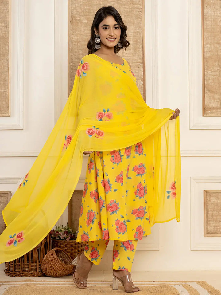 Yellow Floral Print Cotton A-Line Style Kurta And Trousers With Dupatta Set-Yufta Store-7031SKDYLS