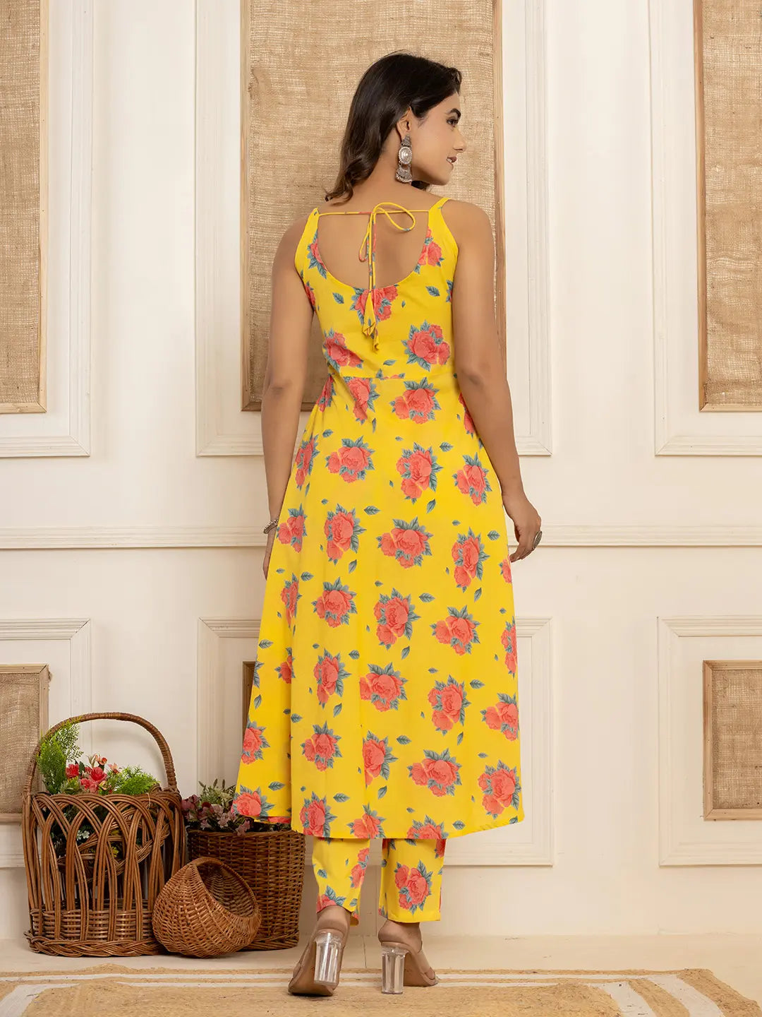 Yellow Floral Print Cotton A-Line Style Kurta And Trousers With Dupatta Set-Yufta Store-7031SKDYLS