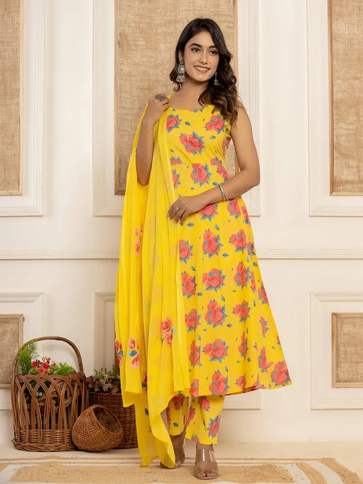 Yellow Floral Print Cotton A-Line Style Kurta And Trousers With Dupatta Set-Yufta Store-7031SKDYLS