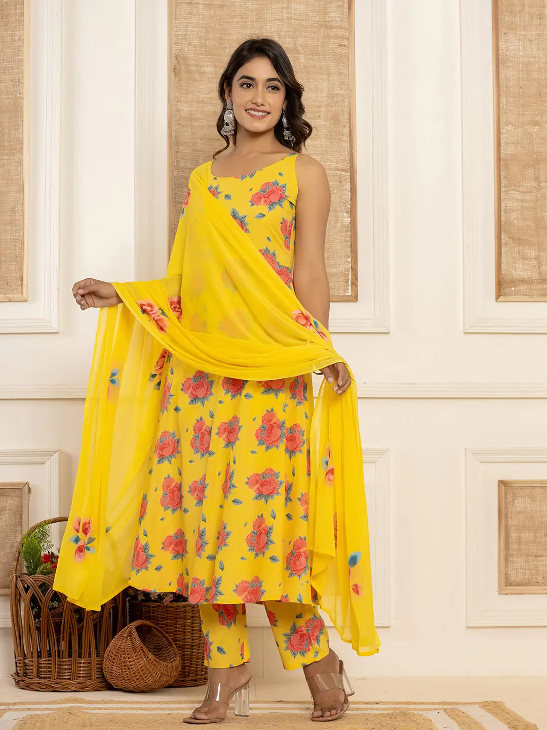 Yellow Floral Print Cotton A-Line Style Kurta And Trousers With Dupatta Set-Yufta Store-7031SKDYLS