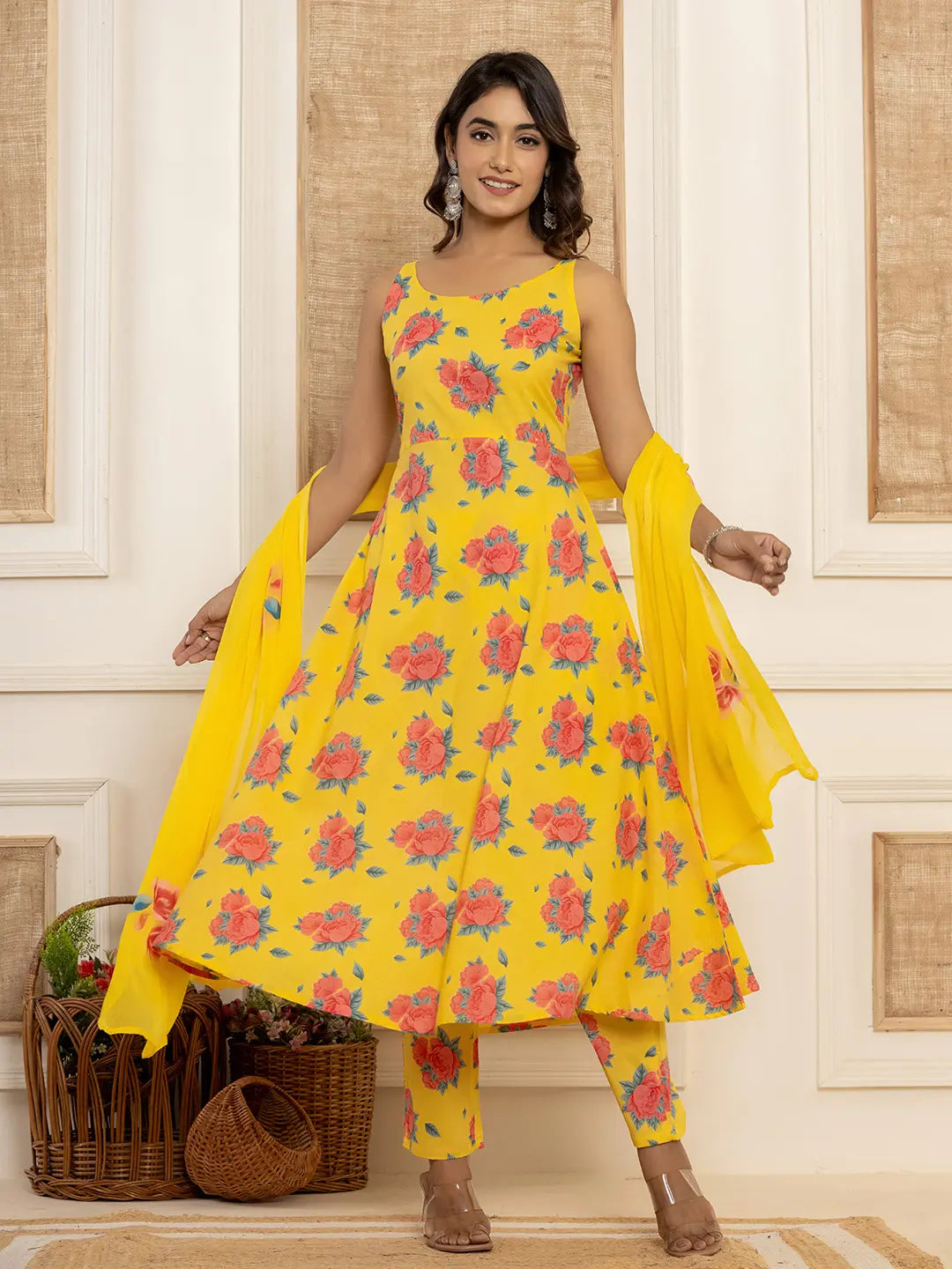 Yellow Floral Print Cotton A-Line Style Kurta And Trousers With Dupatta Set-Yufta Store-7031SKDYLS