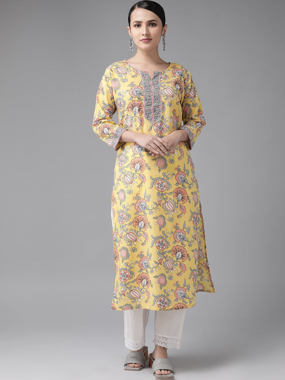 Yellow Floral Printed Kurta-Yufta Store-3903KURYLS