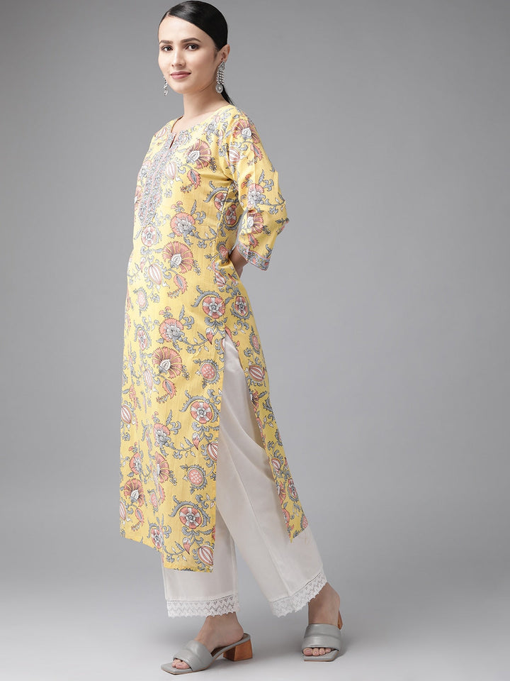 Yellow Floral Printed Kurta-Yufta Store-3903KURYLS