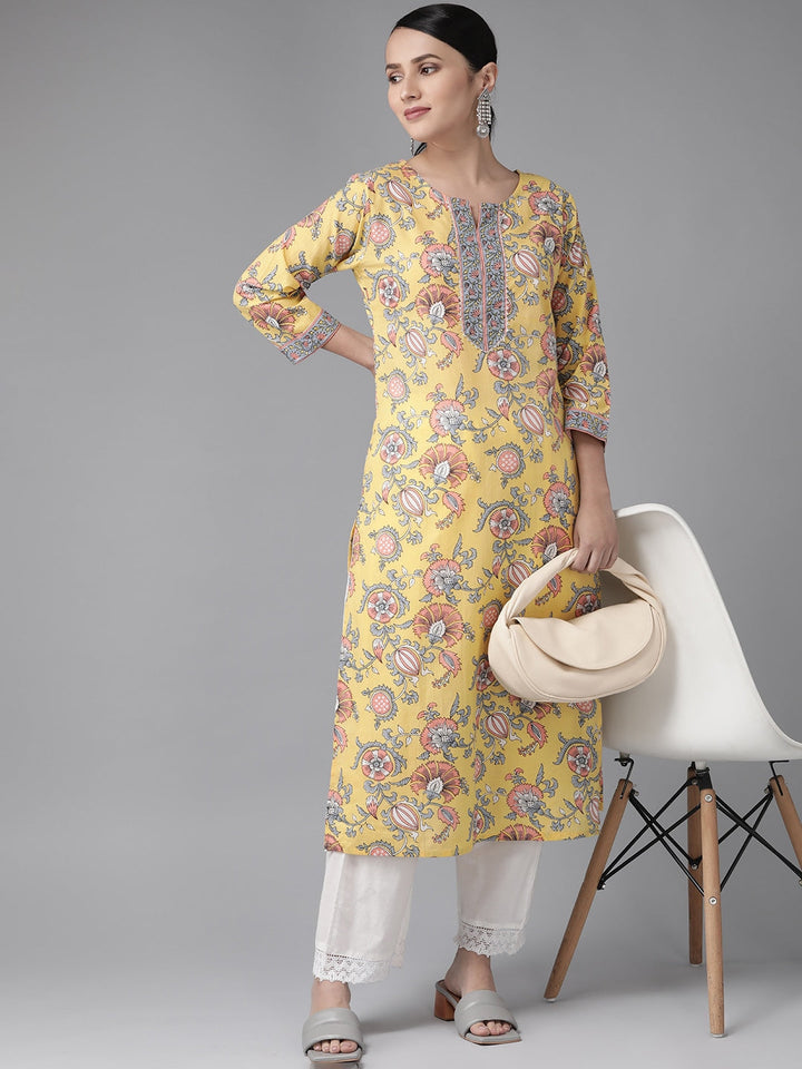 Yellow Floral Printed Kurta-Yufta Store-3903KURYLS