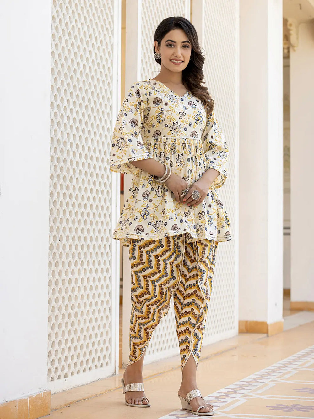 Yellow Floral Printed Peplum Gotta Patti Pure Cotton Kurti with Dhoti Pants Set