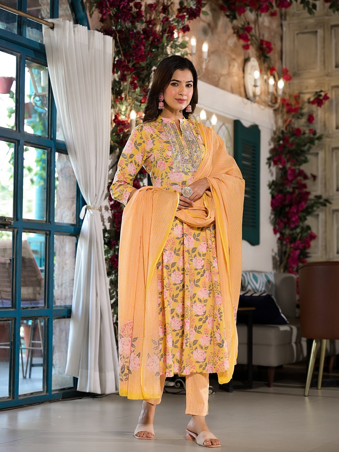 Yellow Floral Sequins_Work Kurta Trouser With Dupatta Set-Yufta Store-1761SKDYLS
