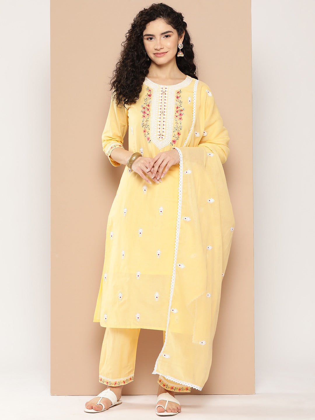 Yellow Floral Thread Work Cotton Kurta Dupatta Set-Yufta Store-1290SKDYLS