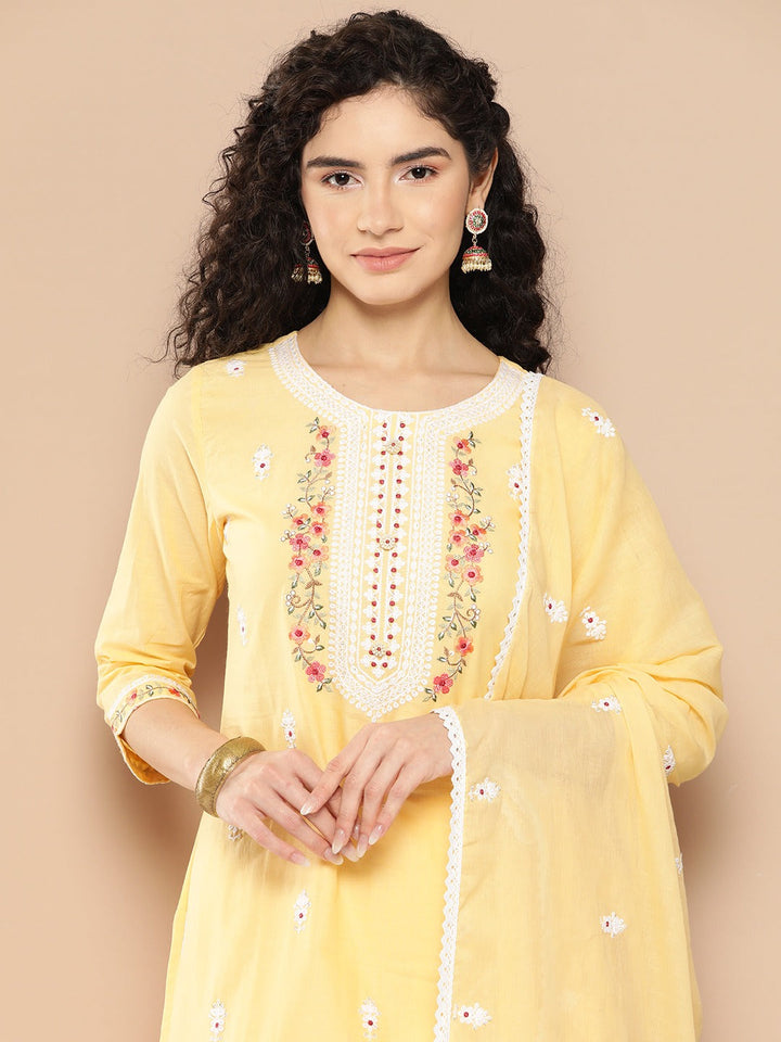 Yellow Floral Thread Work Cotton Kurta Dupatta Set-Yufta Store-1290SKDYLS