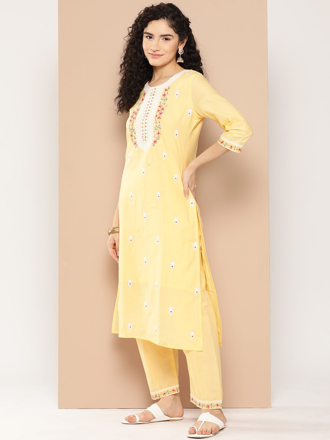 Yellow Floral Thread Work Cotton Kurta Dupatta Set-Yufta Store-1290SKDYLS