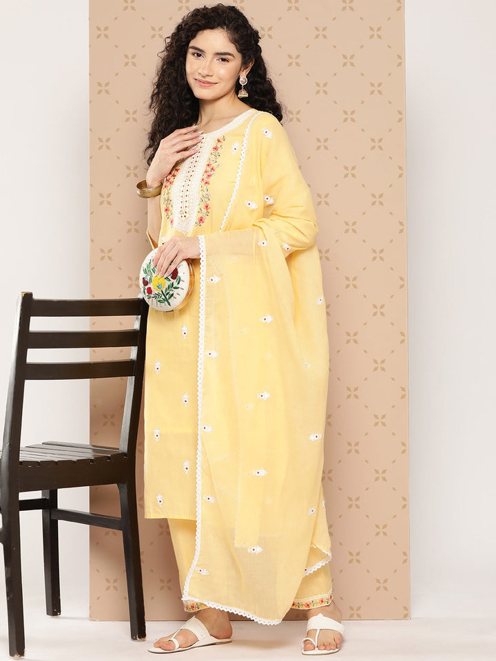 Yellow Floral Thread Work Cotton Kurta Dupatta Set-Yufta Store-1290SKDYLS