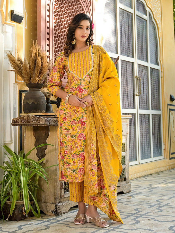 Yellow Floral print Kurta Trouser with Dupatta Set-Yufta Store-1525SKDYLS