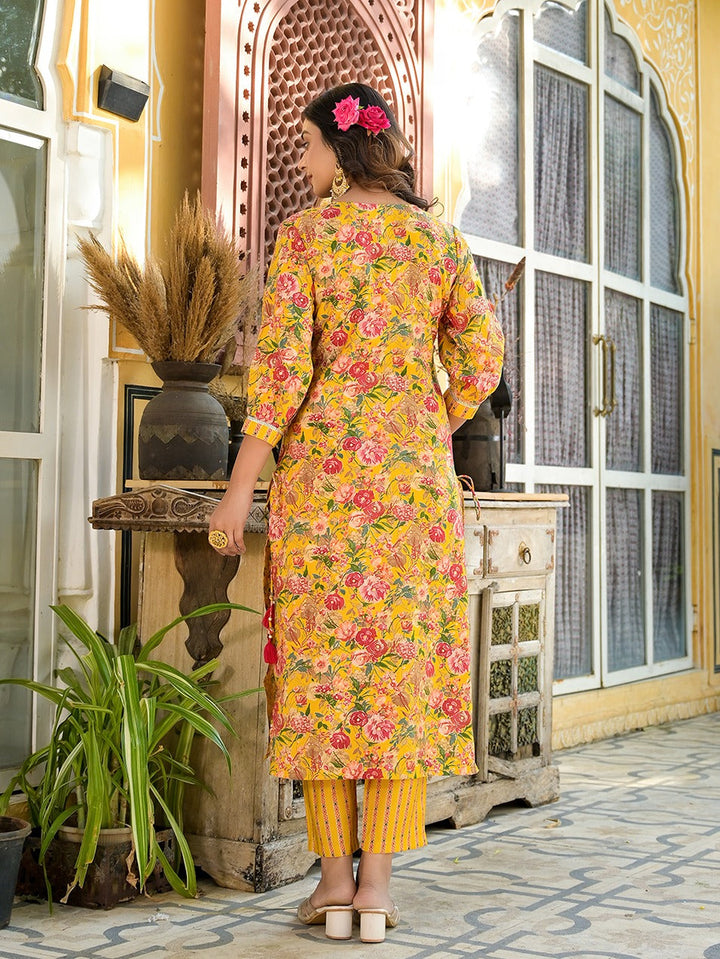 Yellow Floral print Kurta Trouser with Dupatta Set-Yufta Store-1525SKDYLS