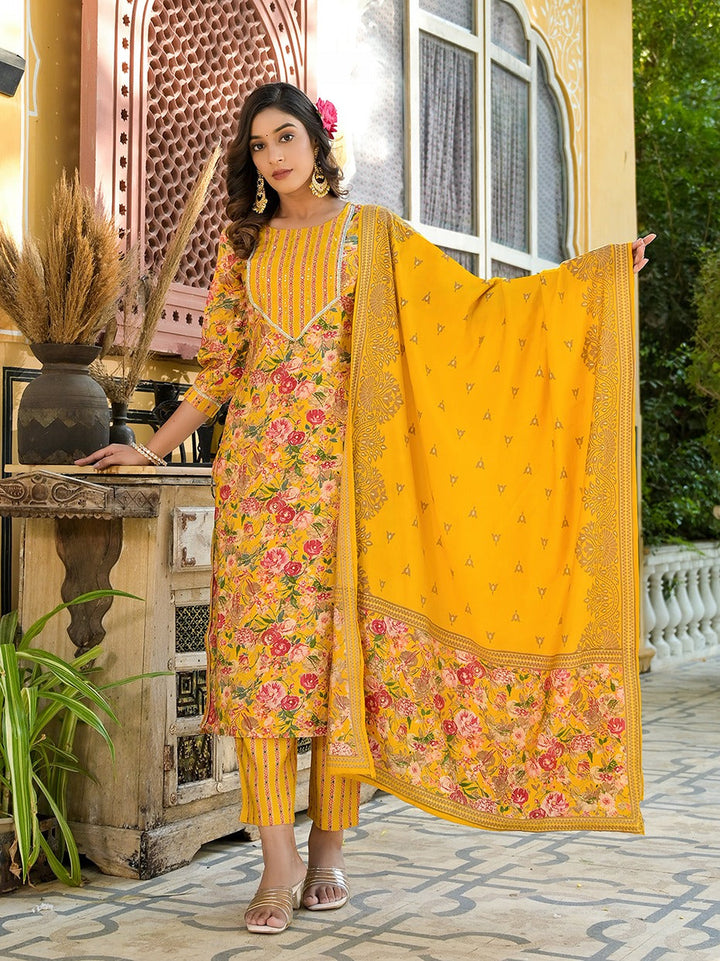 Yellow Floral print Kurta Trouser with Dupatta Set-Yufta Store-1525SKDYLS