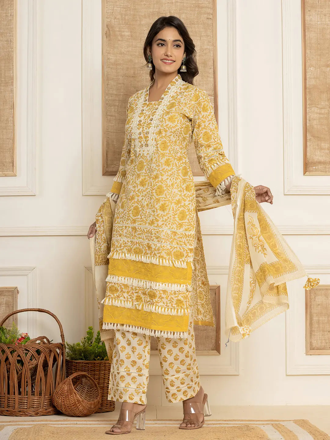 Yellow Floral_Print Cotton Straight Tassel Work Kurta And Trousers With Dupatta