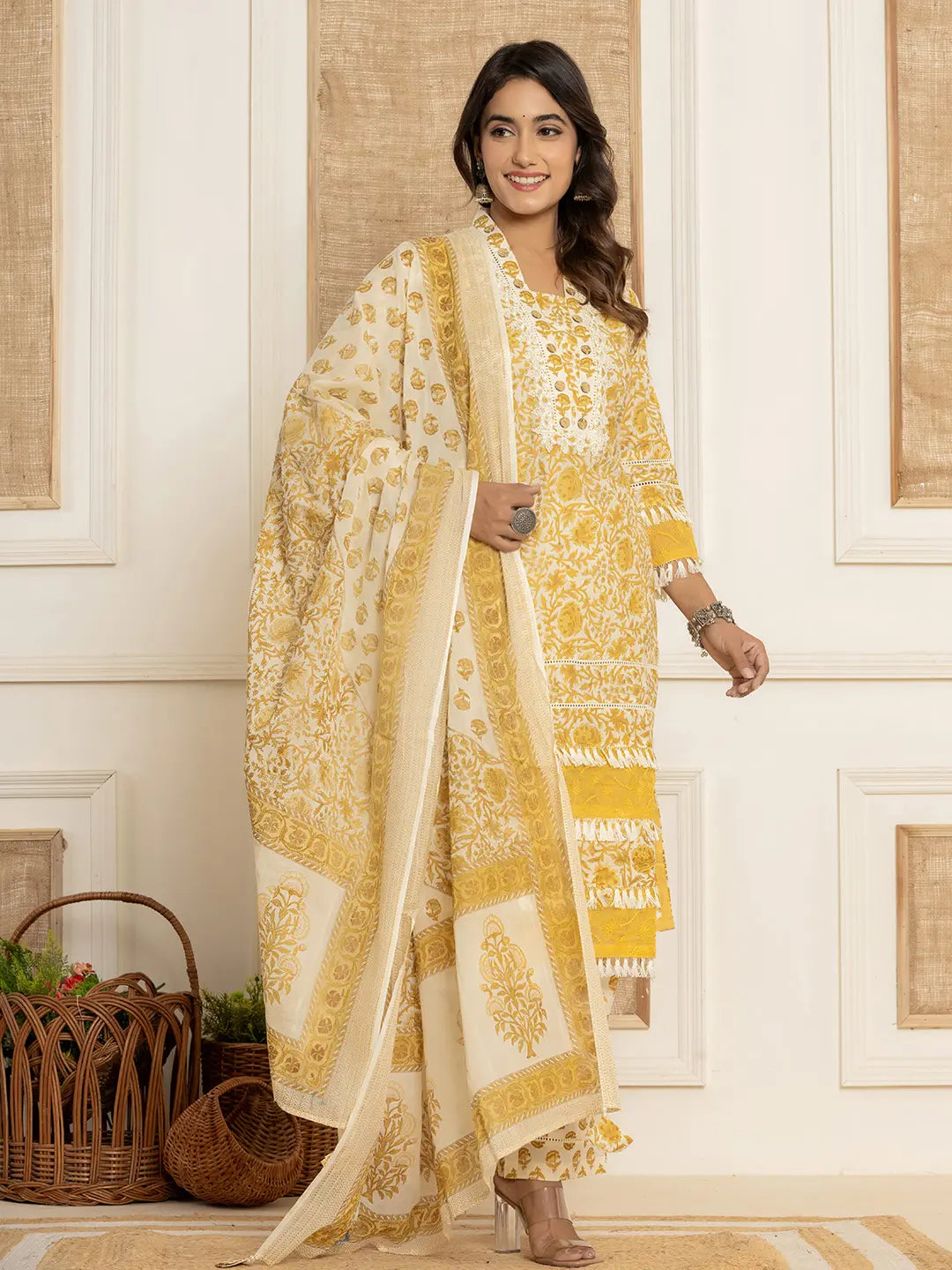 Yellow Floral_Print Cotton Straight Tassel Work Kurta And Trousers With Dupatta