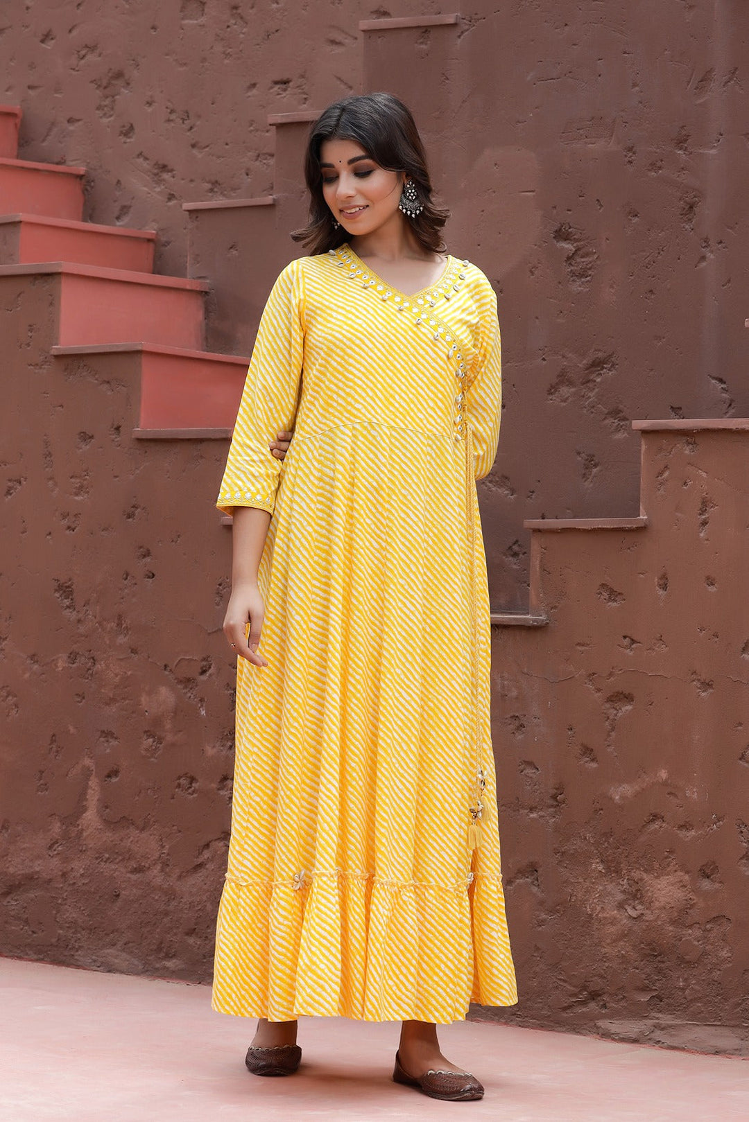 Yellow Lehariya Printed Dress