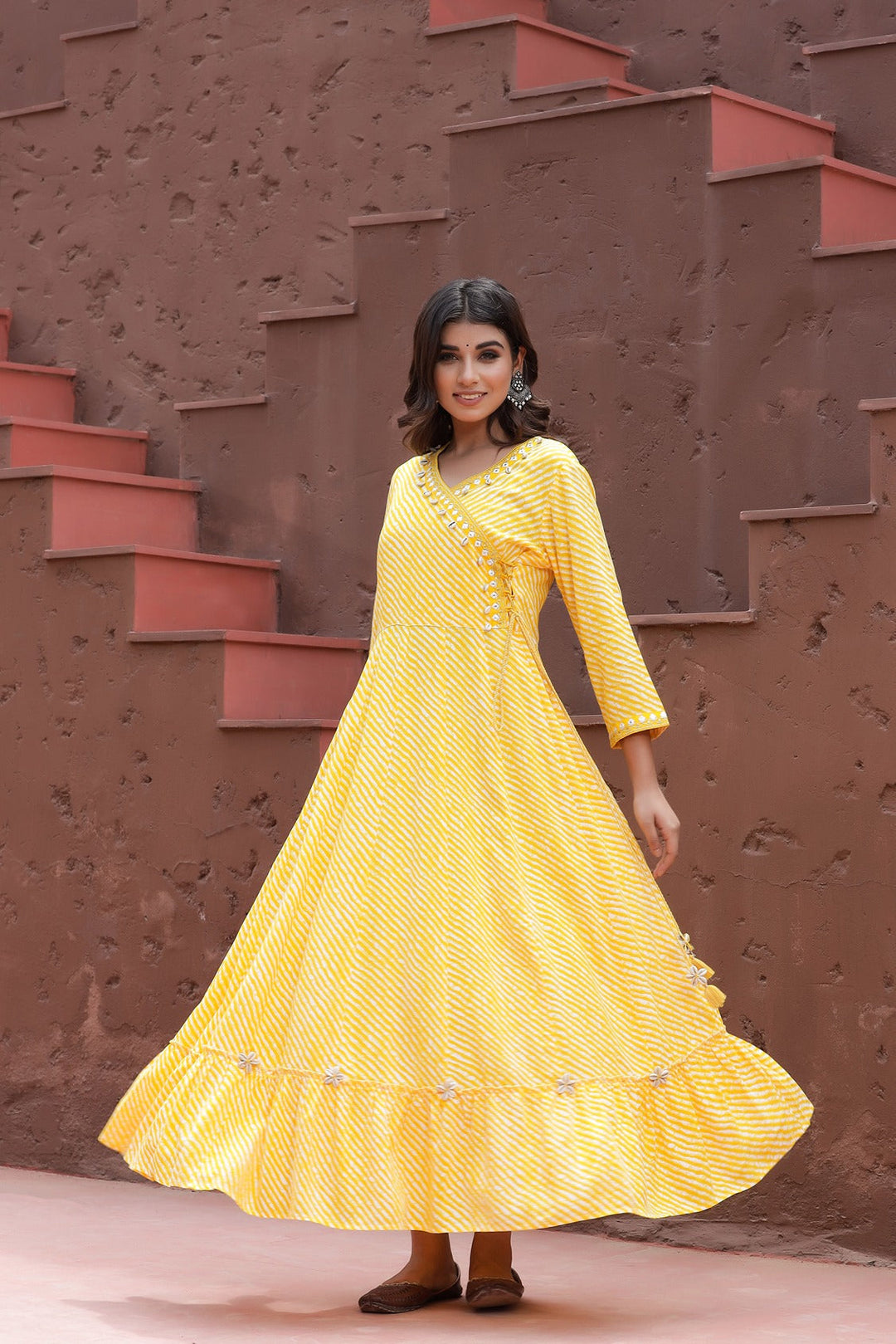 Yellow Lehariya Printed Dress