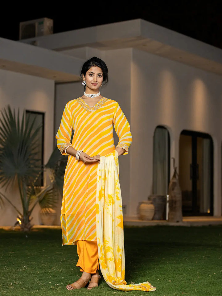 Yellow Leheriya Print Poly Georgette Straight Suit Set-Yufta Store-6987SKDYLS