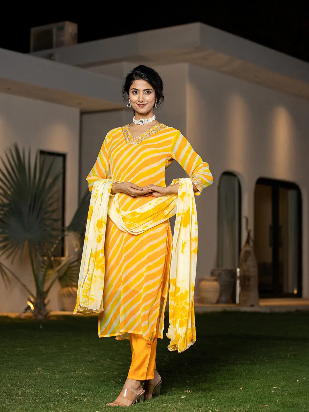 Yellow Leheriya Print Poly Georgette Straight Suit Set-Yufta Store-6987SKDYLS