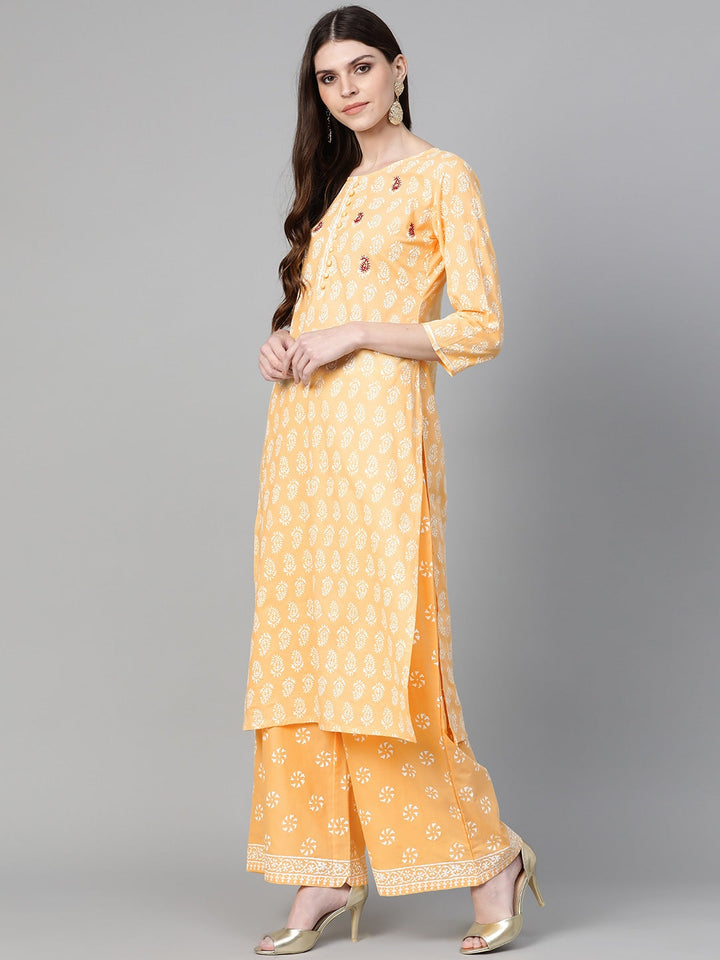 Yellow & Off-White Printed Dupatta Set-Yufta Store-7294SETYLSS