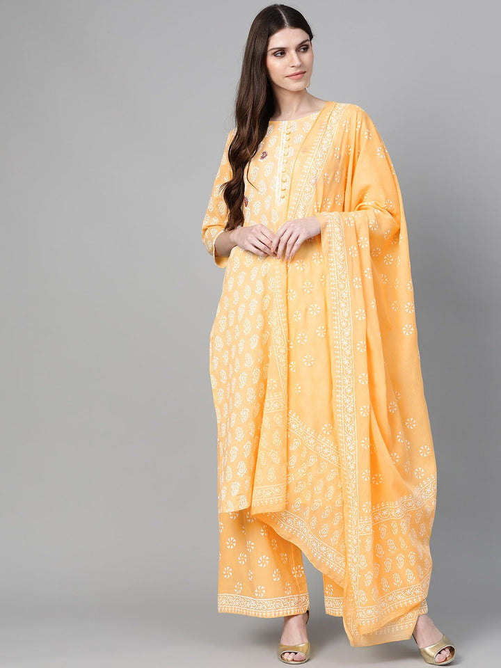 Yellow & Off-White Printed Dupatta Set-Yufta Store-7294SETYLSS